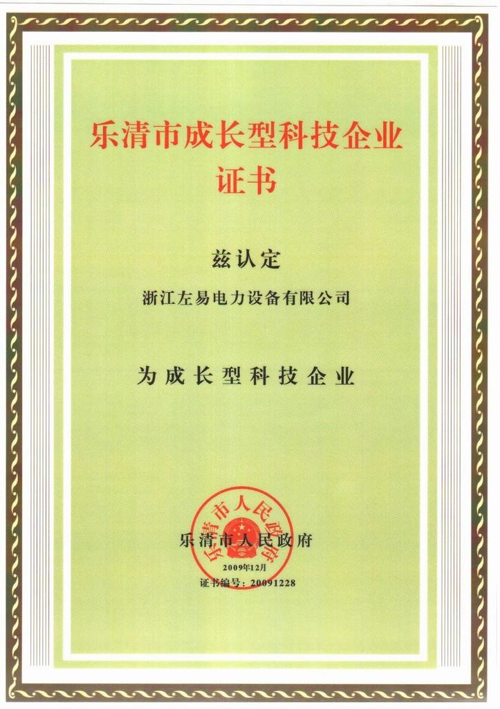  2009年12月被评为“乐清市成长型科技企业”