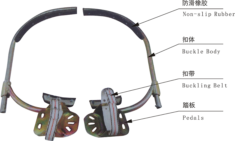 结构及适用范围 脚扣主要由踏板,防滑橡胶,扣体,扣带构成,主要适用于